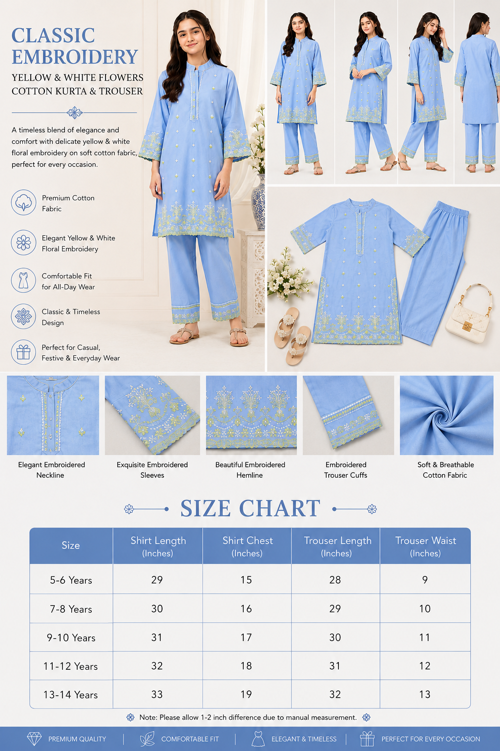 Classic Embroidered Kurta & Trouser Set for Girls