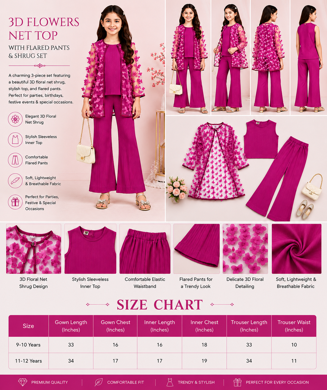 3D Flower Top, Flared Pants & Shrug Set for Girls