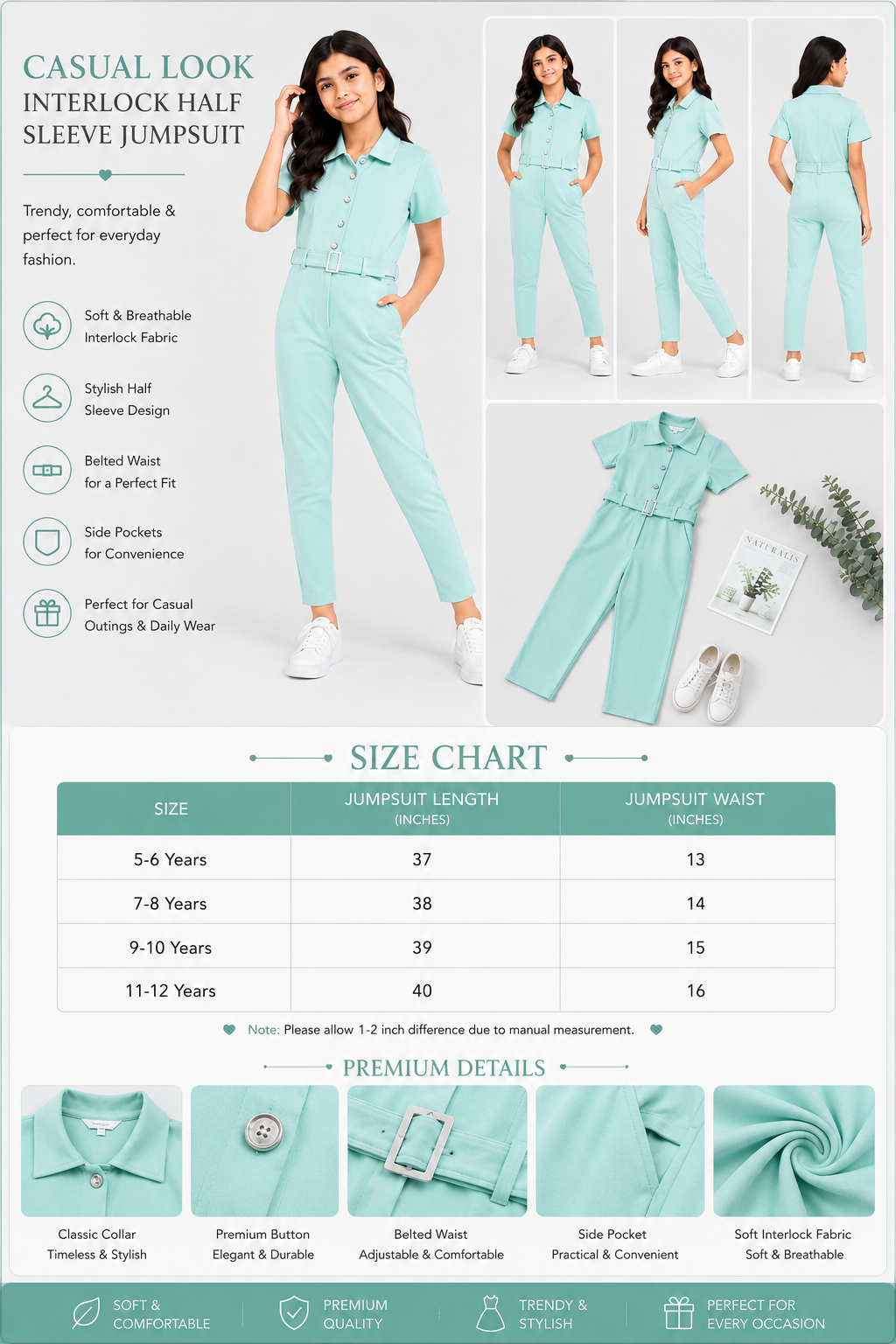 Casual Interlock Half Sleeve Jumpsuit for Girls